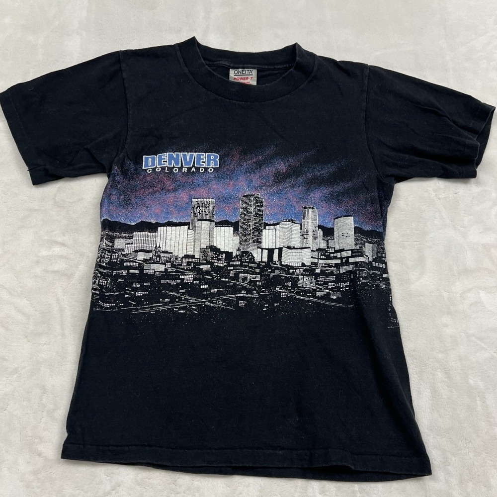 Oneita Graphic Tee Mens Small Black Denver Colorado Skyline Vintage T-Shirt